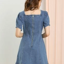 Allegra K Women's Denim Flare Mini Puff Sleeve Sweetheart Neck 24 Allegra K Women's Denim Flare Mini Puff Sleeve Sweetheart Neck