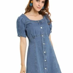Allegra K Women's Denim Flare Mini Puff Sleeve Sweetheart Neck 20 Allegra K Women's Denim Flare Mini Puff Sleeve Sweetheart Neck