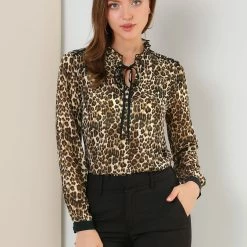 Allegra K Women's Leopard Print Ruffle Neck Long Sleeves Blouse Top