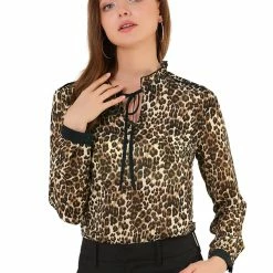Allegra K Women's Leopard Print Ruffle Neck Long Sleeves Blouse Top