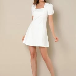 Allegra K Women's Elegant Square Neck Dresses Solid Color Cotton Puff Sleeve A-Line Short Dress