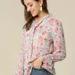 Allegra K Tie V Neck Blouse Long Trumpet Sleeve Floral Shirt Women