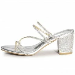 Allegra K Shoes Women's Strappy Rhinestone Block Heel Slide Sandals