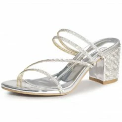 Allegra K Shoes Women's Strappy Rhinestone Block Heel Slide Sandals