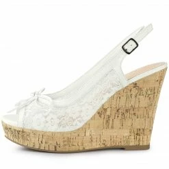 Allegra K Women's Wood Platform Heels Bow Lace Wedge Sandals Shoes