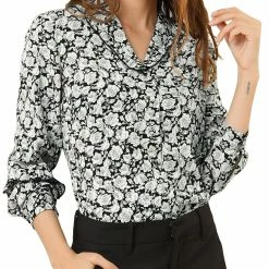 Allegra K Women's Long Sleeve Floral Chiffon Button Shawl Collar Spring Work Shirt Top Blouse