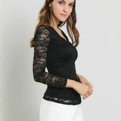 Allegra K Women's V Neck Elegant Slim Fit Blouse Lined Long Sleeve Lace Top