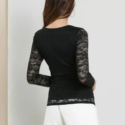 Allegra K Women's V Neck Elegant Slim Fit Blouse Lined Long Sleeve Lace Top