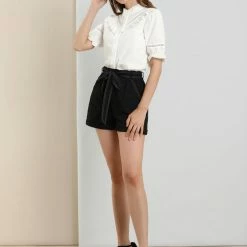 Allegra K Womens Stand Collar Button Down Shirt Short Sleeve Ruffle Neck Blouse Top