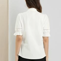 Allegra K Womens Stand Collar Button Down Shirt Short Sleeve Ruffle Neck Blouse Top