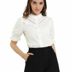 Allegra K Womens Stand Collar Button Down Shirt Short Sleeve Ruffle Neck Blouse Top