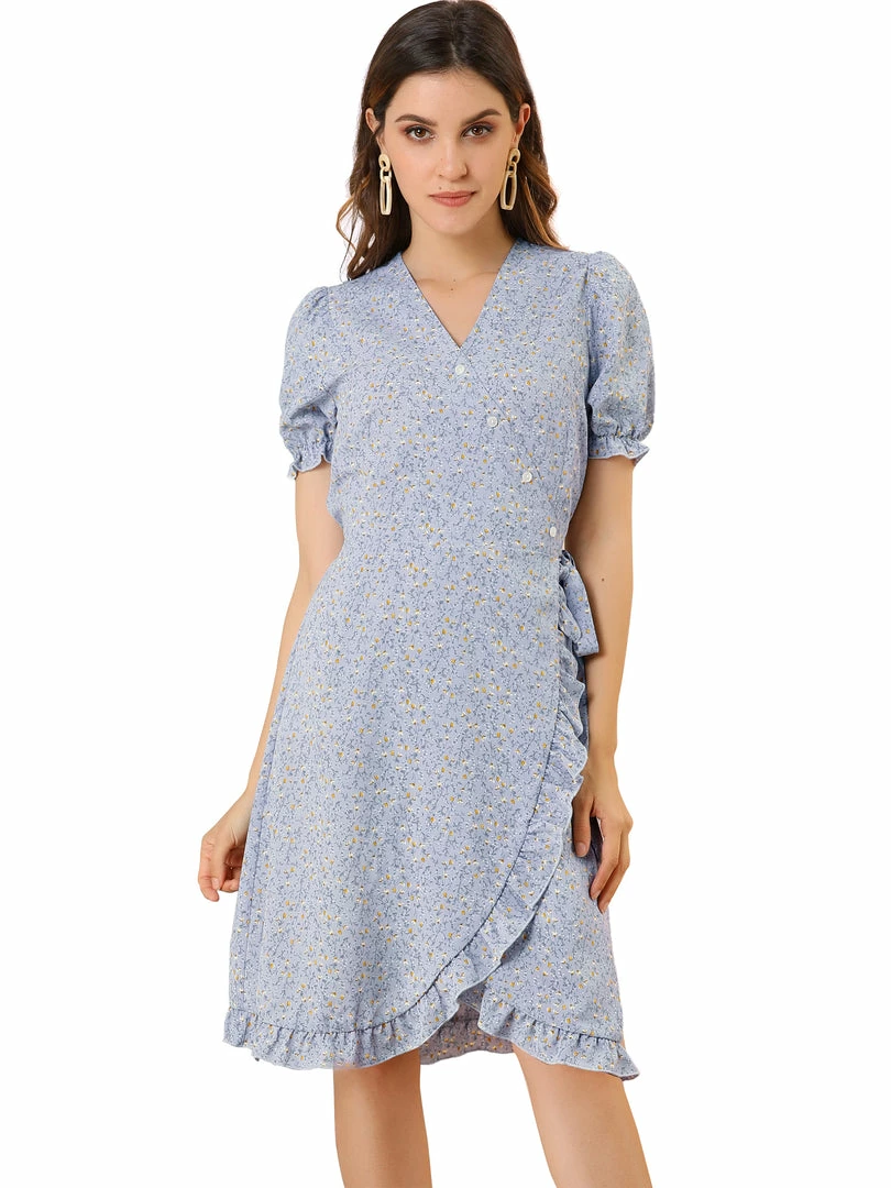 Allegra K Women's Floral Printed V Neck Puff Sleeve Ruffled-Hem Midi Dress 5 Allegra K Women's Floral Printed V Neck Puff Sleeve Ruffled-Hem Midi Dress