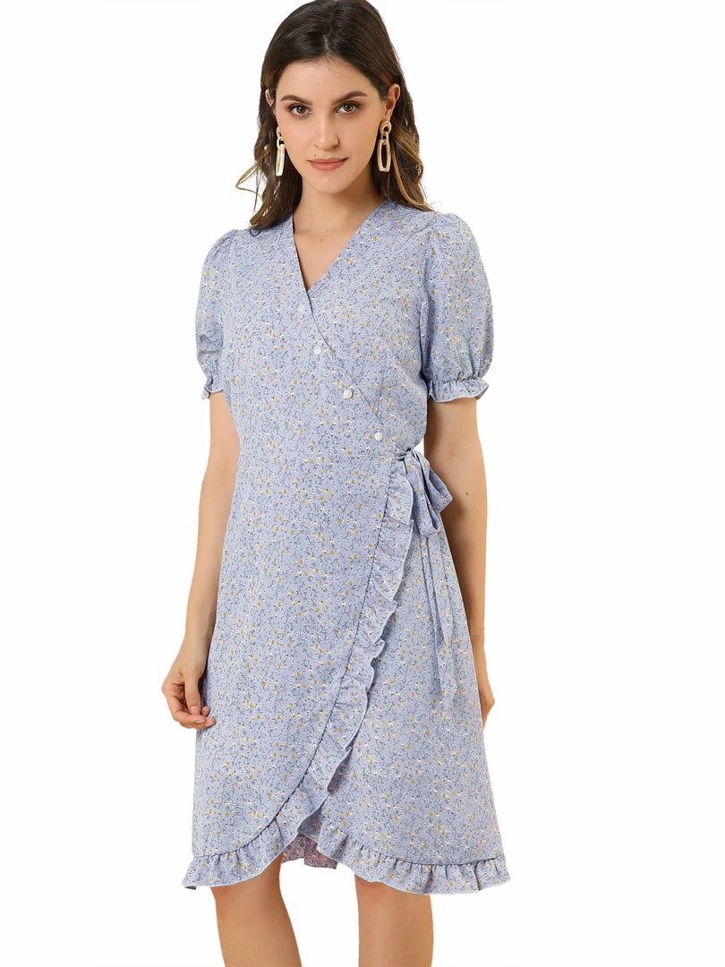 Allegra K Women's Floral Printed V Neck Puff Sleeve Ruffled-Hem Midi Dress 6 Allegra K Women's Floral Printed V Neck Puff Sleeve Ruffled-Hem Midi Dress