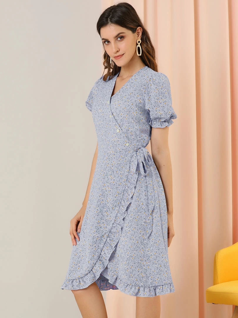 Allegra K Women's Floral Printed V Neck Puff Sleeve Ruffled-Hem Midi Dress 7 Allegra K Women's Floral Printed V Neck Puff Sleeve Ruffled-Hem Midi Dress