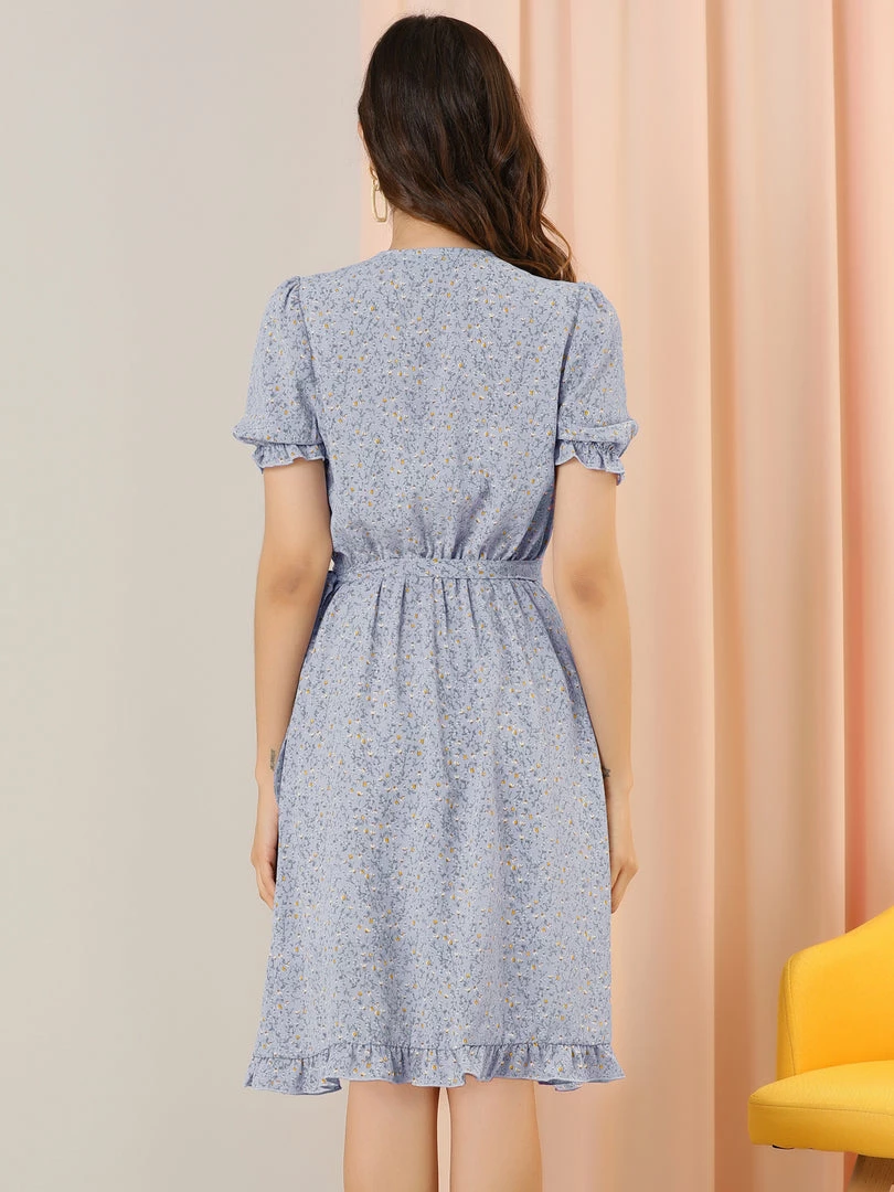 Allegra K Women's Floral Printed V Neck Puff Sleeve Ruffled-Hem Midi Dress 8 Allegra K Women's Floral Printed V Neck Puff Sleeve Ruffled-Hem Midi Dress