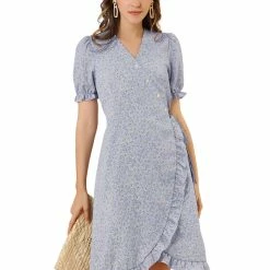 Allegra K Women's Floral Printed V Neck Puff Sleeve Ruffled-Hem Midi Dress
