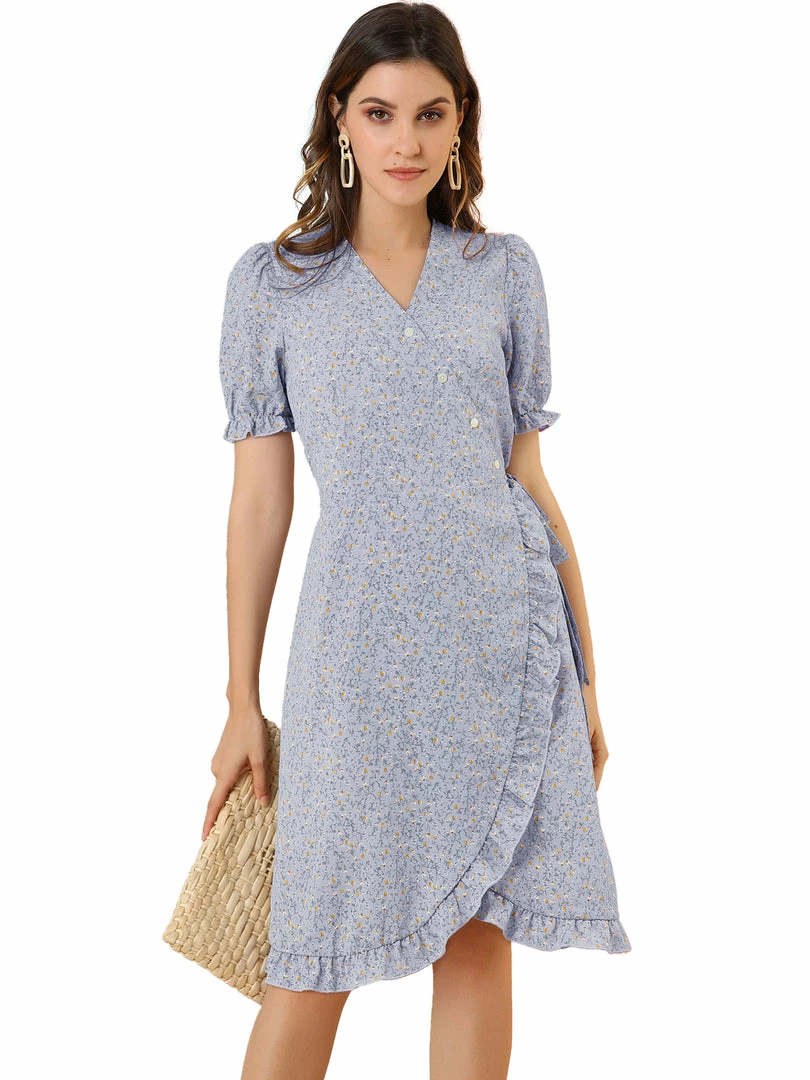 Allegra K Women's Floral Printed V Neck Puff Sleeve Ruffled-Hem Midi Dress 4 Allegra K Women's Floral Printed V Neck Puff Sleeve Ruffled-Hem Midi Dress