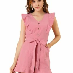 Allegra K Women's Tie Waist V Neck Button Decor Ruffle Flutter Sleeve Mini Romper 34 Allegra K Women's Tie Waist V Neck Button Decor Ruffle Flutter Sleeve Mini Romper