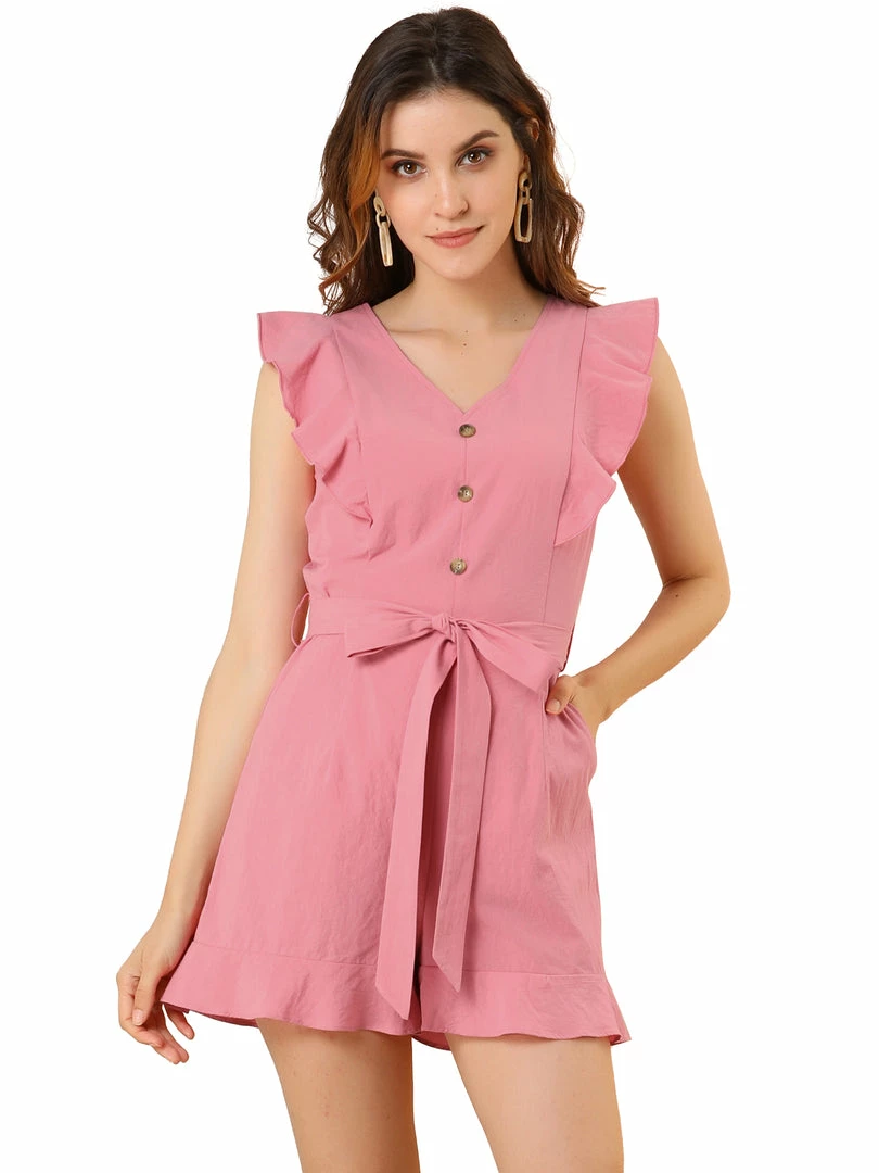 Allegra K Women's Tie Waist V Neck Button Decor Ruffle Flutter Sleeve Mini Romper 16 Allegra K Women's Tie Waist V Neck Button Decor Ruffle Flutter Sleeve Mini Romper