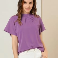 Allegra K Women's Ruched Ruffle Neckline Casual Short Sleeve Keyhole Back Blouse