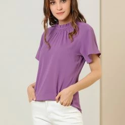 Allegra K Women's Ruched Ruffle Neckline Casual Short Sleeve Keyhole Back Blouse