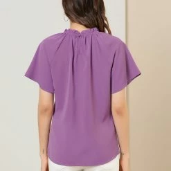 Allegra K Women's Ruched Ruffle Neckline Casual Short Sleeve Keyhole Back Blouse