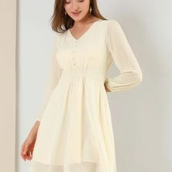 Allegra K Women's Elastic Waist Flowy Dress V Neck 3/4 Sleeve A-line Chiffon Dresses