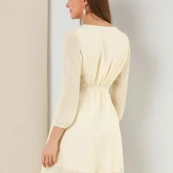 Allegra K Women's Elastic Waist Flowy Dress V Neck 3/4 Sleeve A-line Chiffon Dresses