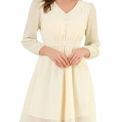 Allegra K Women's Elastic Waist Flowy Dress V Neck 3/4 Sleeve A-line Chiffon Dresses