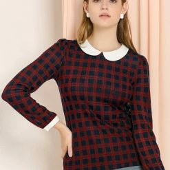 Allegra K Women's Peter Pan Collar Contrast Puff Sleeve Plaid Shirt Blouse