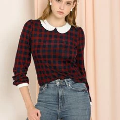 Allegra K Women's Peter Pan Collar Contrast Puff Sleeve Plaid Shirt Blouse