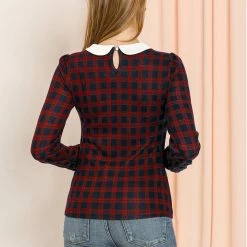 Allegra K Women's Peter Pan Collar Contrast Puff Sleeve Plaid Shirt Blouse