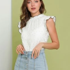 Allegra K Women's Cotton Blouses Tops Cap Sleeve Ruffle Stand Collar Workwear Summer Shirt