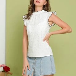 Allegra K Women's Cotton Blouses Tops Cap Sleeve Ruffle Stand Collar Workwear Summer Shirt