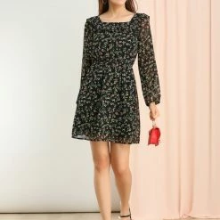 Allegra K Women's Floral Puff Long Sleeve Dress Ruffle Neck High Waist Chiffon Spring Mini Dress