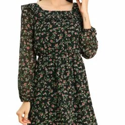 Allegra K Women's Floral Puff Long Sleeve Dress Ruffle Neck High Waist Chiffon Spring Mini Dress