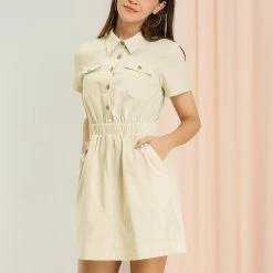 Allegra K Women's Short Sleeve Elastic Waist Pocket Point Collar Button Mini Cotton Dress