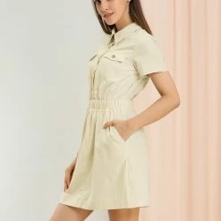 Allegra K Women's Short Sleeve Elastic Waist Pocket Point Collar Button Mini Cotton Dress
