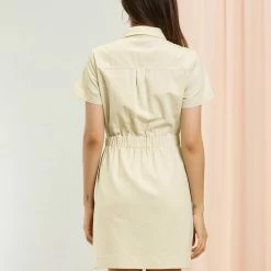 Allegra K Women's Short Sleeve Elastic Waist Pocket Point Collar Button Mini Cotton Dress