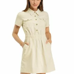Allegra K Women's Short Sleeve Elastic Waist Pocket Point Collar Button Mini Cotton Dress