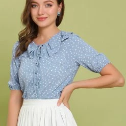 Allegra K Women's Heart Print Short Sleeves Tie Neck Doll Collar Blouse Tops