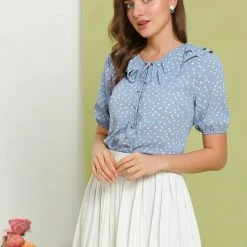 Allegra K Women's Heart Print Short Sleeves Tie Neck Doll Collar Blouse Tops