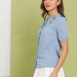 Allegra K Women's Heart Print Short Sleeves Tie Neck Doll Collar Blouse Tops