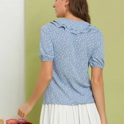 Allegra K Women's Heart Print Short Sleeves Tie Neck Doll Collar Blouse Tops