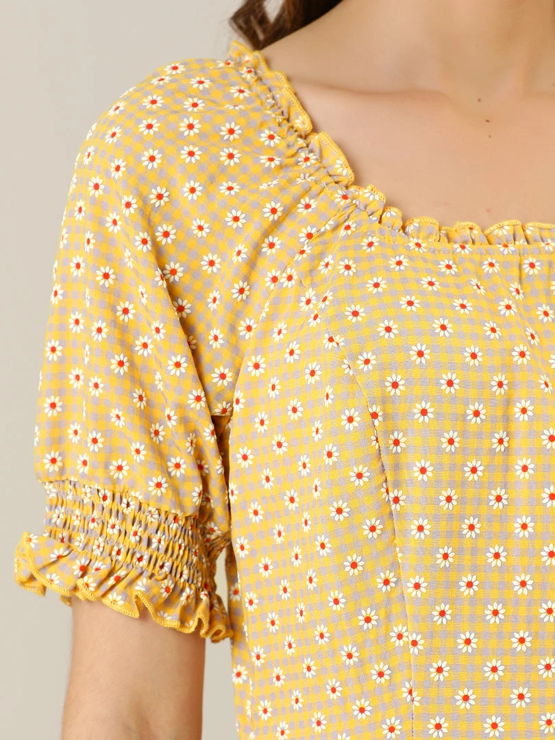 Allegra K Women's Daisy Floral Print Casual Short Ruffle Sleeve Smocked Mini Gingham Dress 10 Allegra K Women's Daisy Floral Print Casual Short Ruffle Sleeve Smocked Mini Gingham Dress