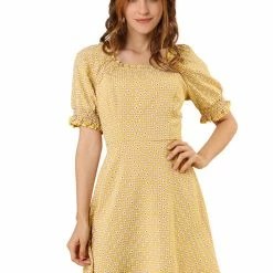 Allegra K Women's Daisy Floral Print Casual Short Ruffle Sleeve Smocked Mini Gingham Dress 22 Allegra K Women's Daisy Floral Print Casual Short Ruffle Sleeve Smocked Mini Gingham Dress