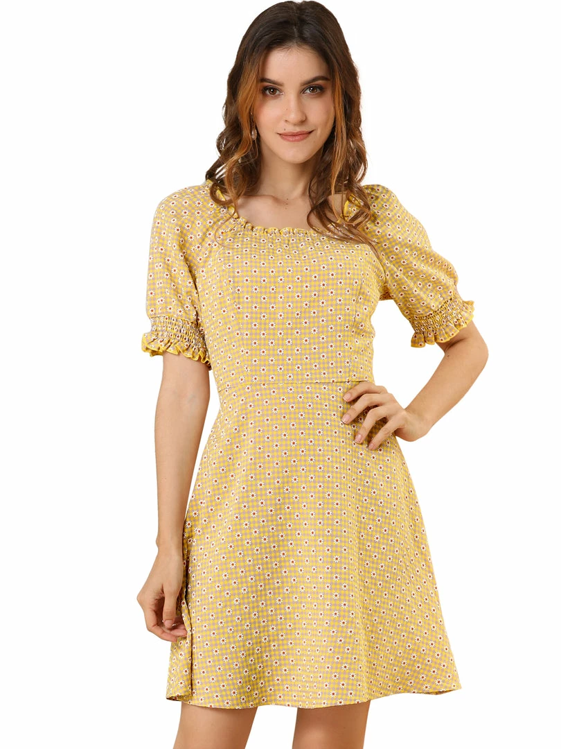 Allegra K Women's Daisy Floral Print Casual Short Ruffle Sleeve Smocked Mini Gingham Dress 11 Allegra K Women's Daisy Floral Print Casual Short Ruffle Sleeve Smocked Mini Gingham Dress