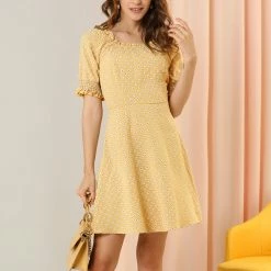 Allegra K Women's Daisy Floral Print Casual Short Ruffle Sleeve Smocked Mini Gingham Dress 23 Allegra K Women's Daisy Floral Print Casual Short Ruffle Sleeve Smocked Mini Gingham Dress