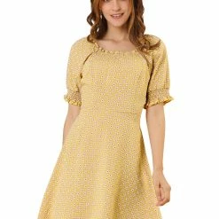 Allegra K Women's Daisy Floral Print Casual Short Ruffle Sleeve Smocked Mini Gingham Dress 20 Allegra K Women's Daisy Floral Print Casual Short Ruffle Sleeve Smocked Mini Gingham Dress