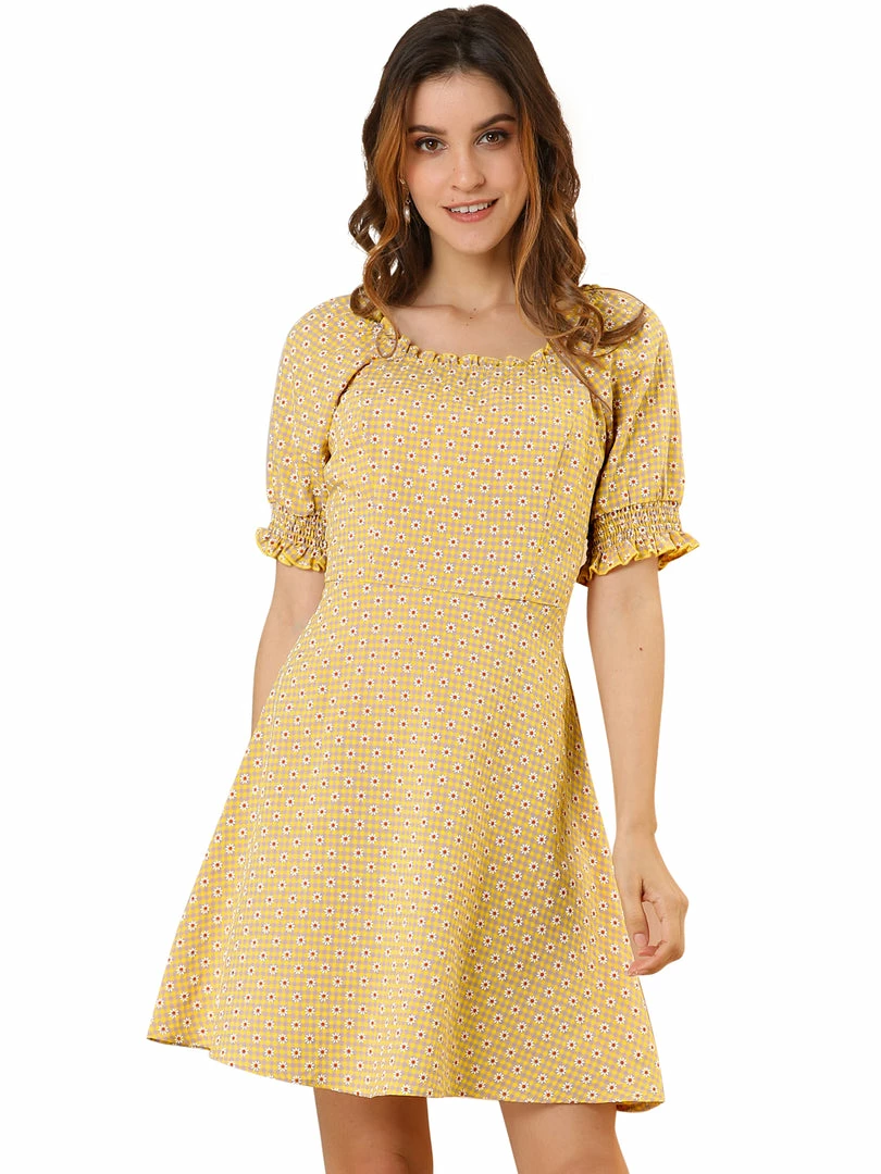 Allegra K Women's Daisy Floral Print Casual Short Ruffle Sleeve Smocked Mini Gingham Dress 9 Allegra K Women's Daisy Floral Print Casual Short Ruffle Sleeve Smocked Mini Gingham Dress